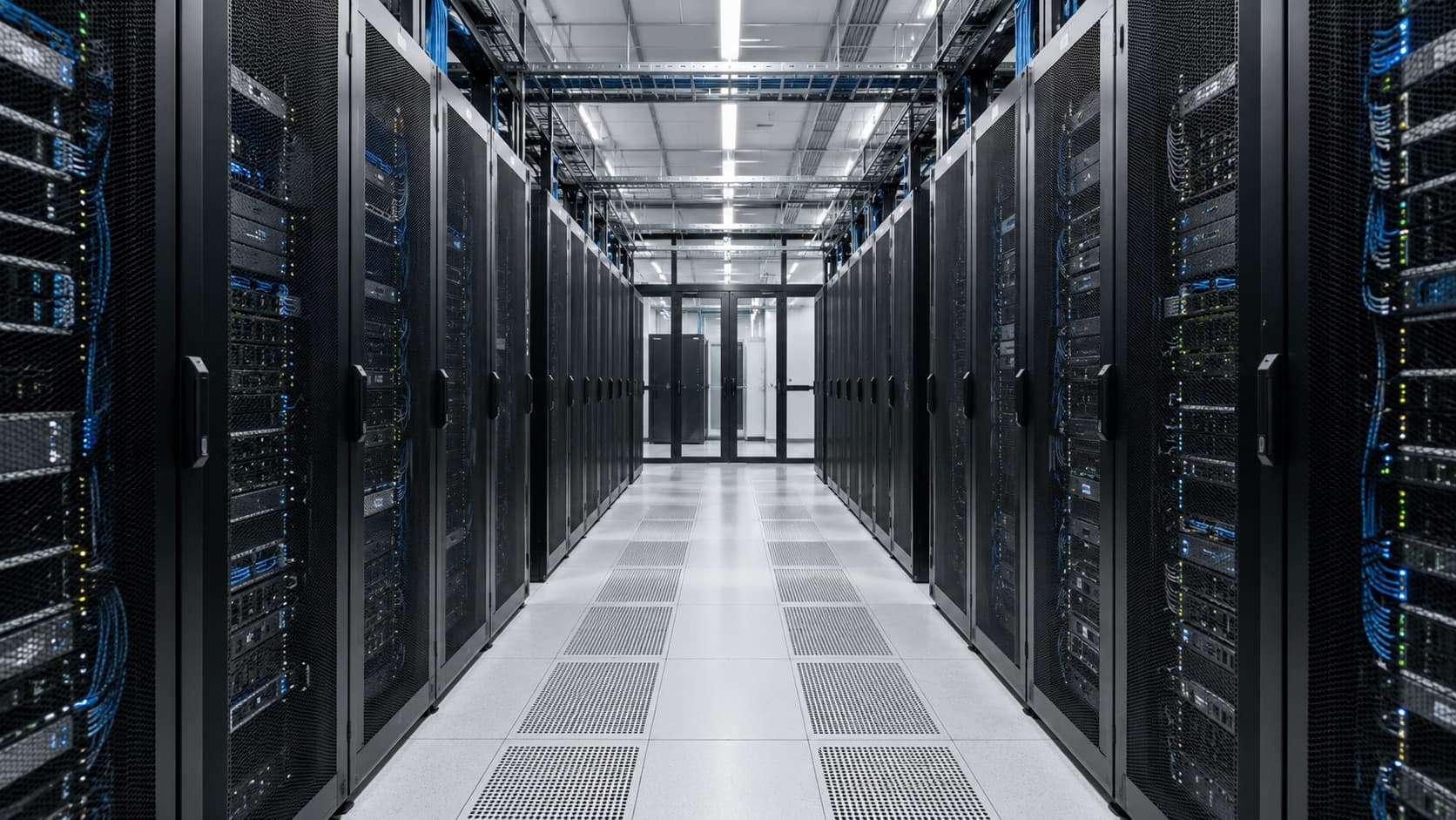 An aisle between rows of server racks in a data centre